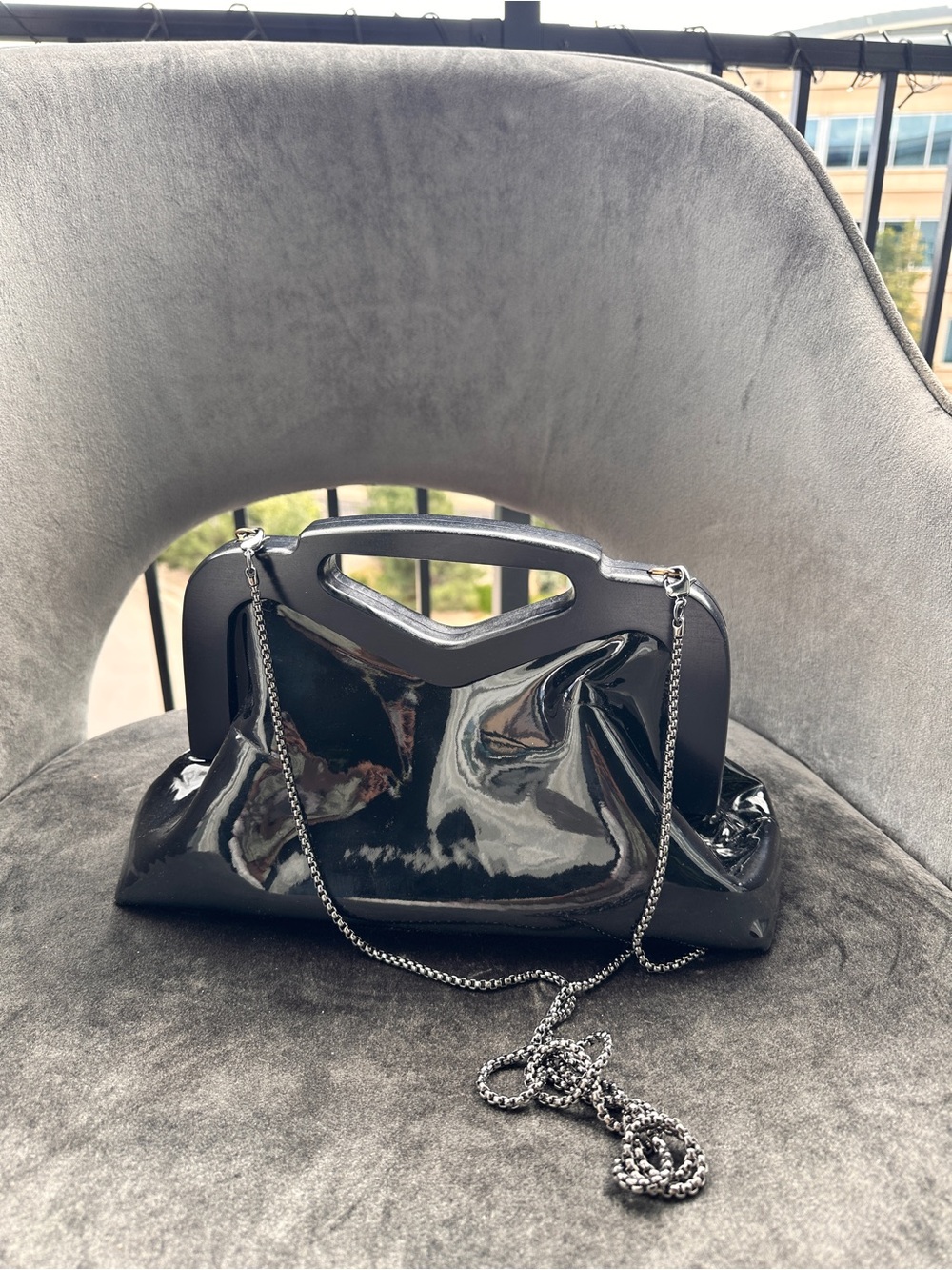Glossy Black Patent Frame Clutch with Chain Strap